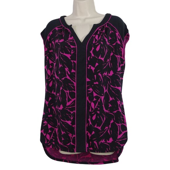 Worthington Black Purple Floral Print Top Women Size L Side Slits Work Casual - Picture 1 of 9